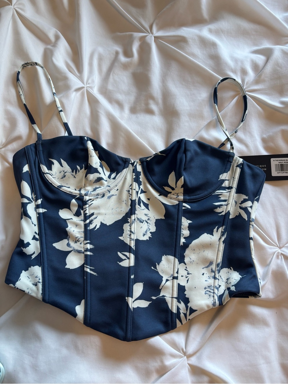 White Fox Boutique Navy & White Floral Bustier Crop Top